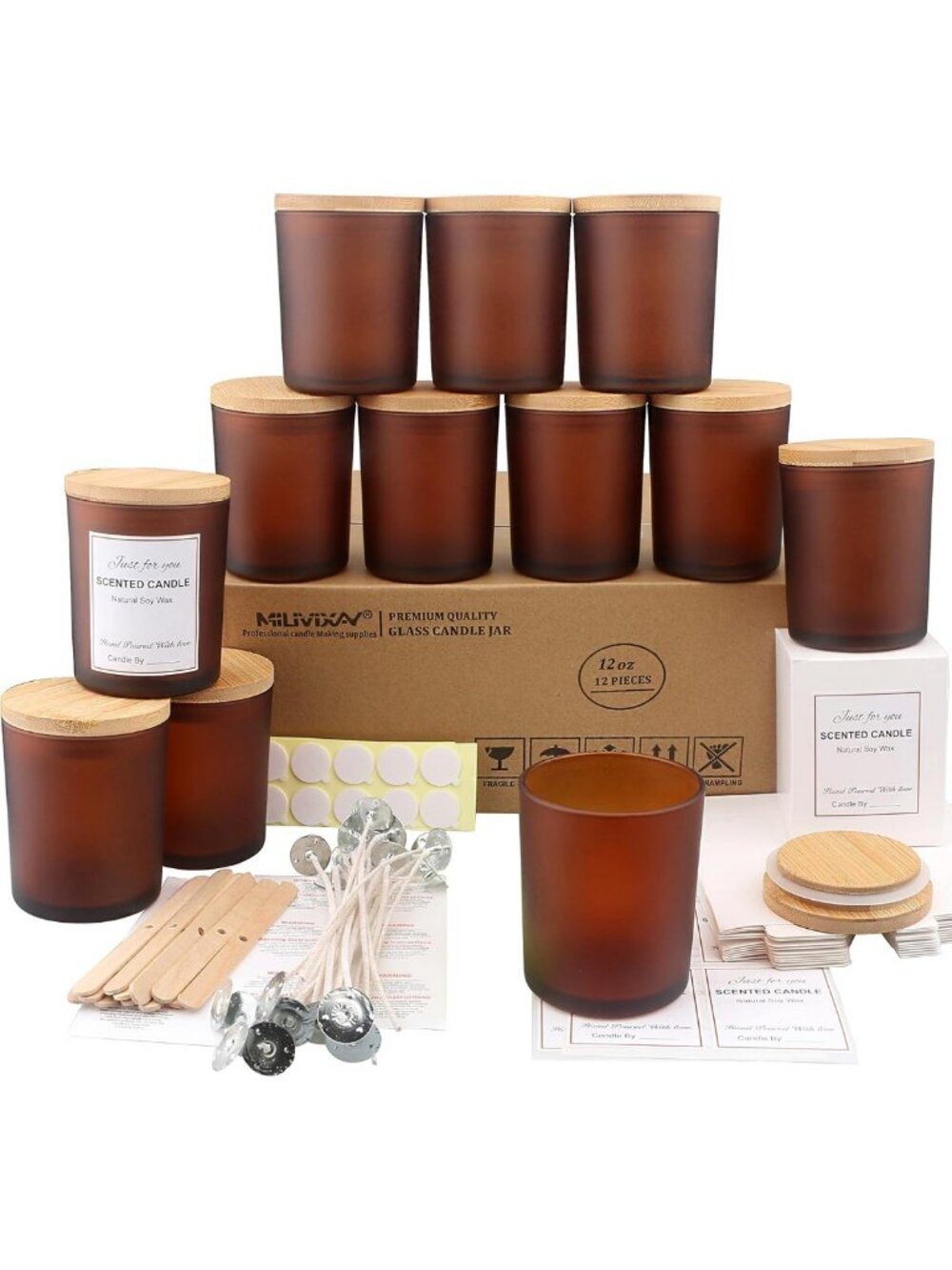 12 Pack Frosted Amber Glass Candle Jars with Lids - DIY Candle Making Kit, Spice
